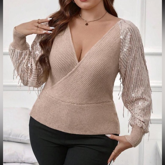 Plus size luxe raglan sleeve  sequins overlap front sweater top - Picture 3 of 5